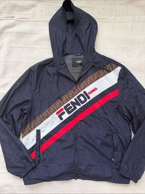 Great condition Fendi Navy Windbreaker with Red & White Diagonal Stripe